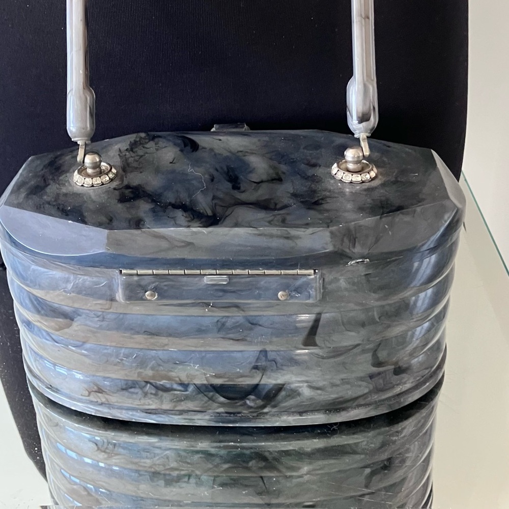 VTG 1950’s Grey Marbleized Lucite Box Bag Structurally Sound Rhinestone Detail - Picture 2 of 6